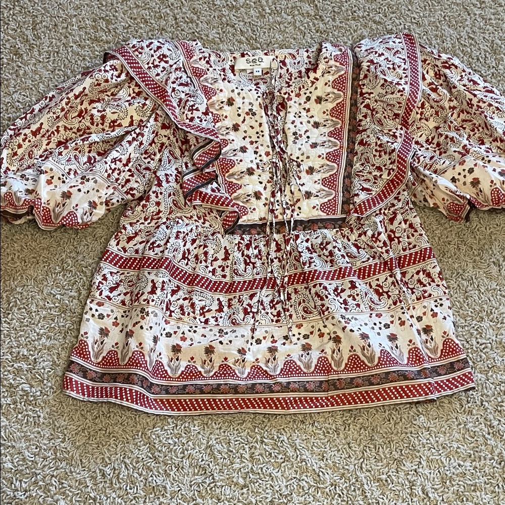 Sea New York Red and White Floral Peasant Blouse